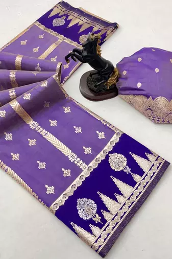 Purple soft silk saree with zari weaving & striped motifs