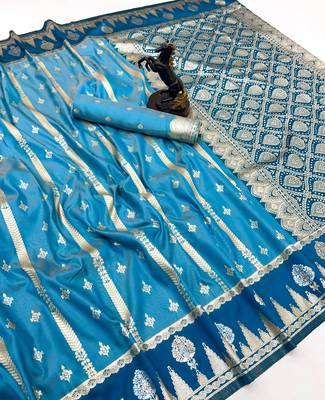 Sky blue soft silk saree with zari weaving & striped motifs 1
