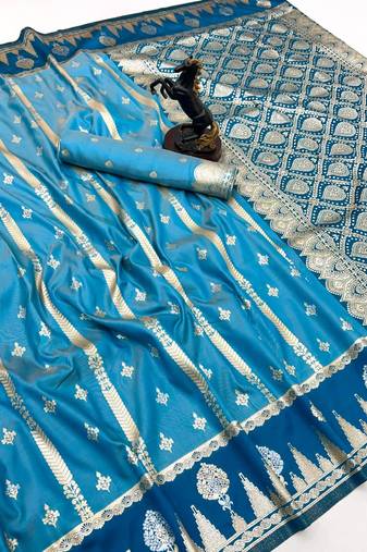 Sky blue soft silk saree with zari weaving & striped motifs