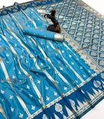 Sky blue soft silk saree with zari weaving & striped motifs
