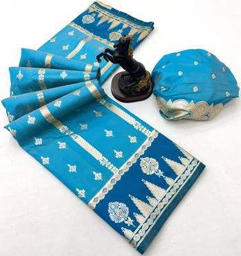 Sky blue soft silk saree with zari weaving & striped motifs 2
