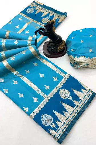Sky blue soft silk saree with zari weaving & striped motifs