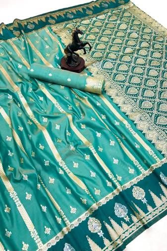 Light green soft silk saree with zari weaving & striped motifs
