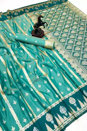 Light green soft silk saree with zari weaving & striped motifs