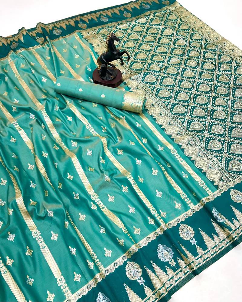 Light green soft silk saree with zari weaving & striped motifs