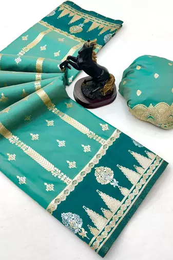 Light green soft silk saree with zari weaving & striped motifs