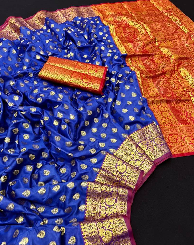 Royal blue soft banarasi silk saree with zari weaving & rich pallu