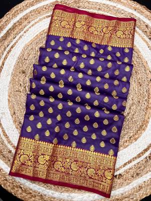 Purple soft banarasi silk saree with zari weaving & rich pallu 2
