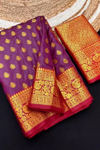 Dark onion pink soft banarasi silk saree with zari weaving & rich pallu