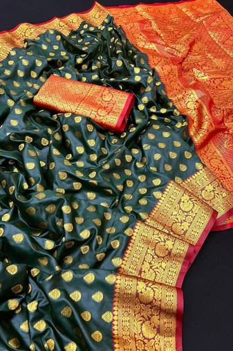 Green soft banarasi silk saree with zari weaving & rich pallu
