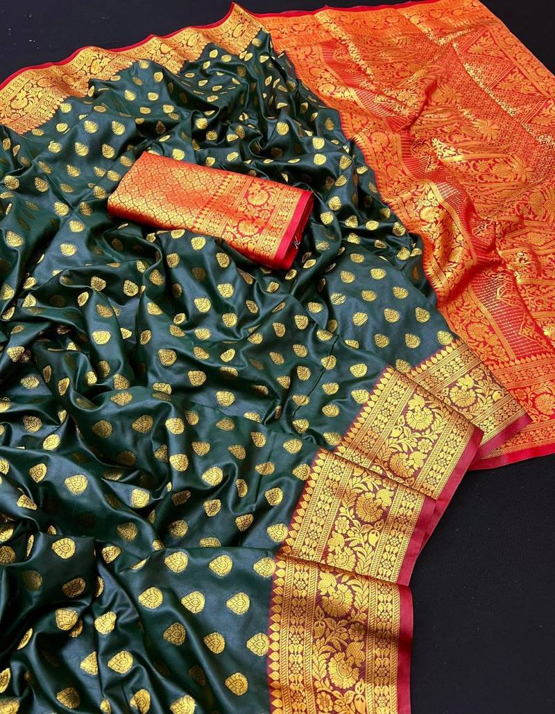 Green soft banarasi silk saree with zari weaving & rich pallu
