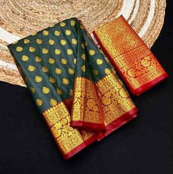 Green soft banarasi silk saree with zari weaving & rich pallu 3