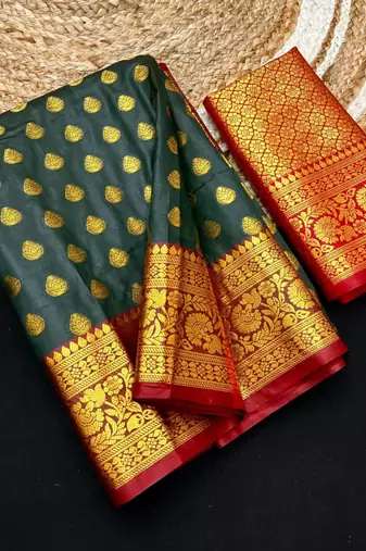 Green soft banarasi silk saree with zari weaving & rich pallu