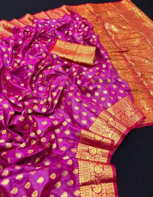 Pink soft banarasi silk saree with zari weaving & rich pallu 1