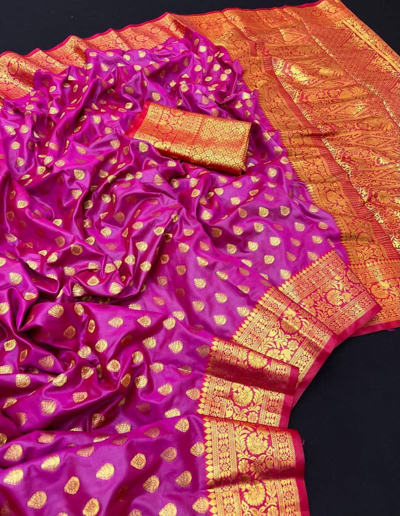 Pink soft banarasi silk saree with zari weaving & rich pallu