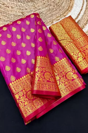 Pink soft banarasi silk saree with zari weaving & rich pallu