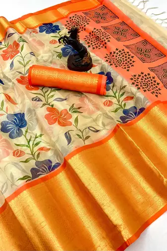 Cream organza tissue saree with floral print & zari border