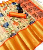 Cream organza tissue saree with floral print & zari border