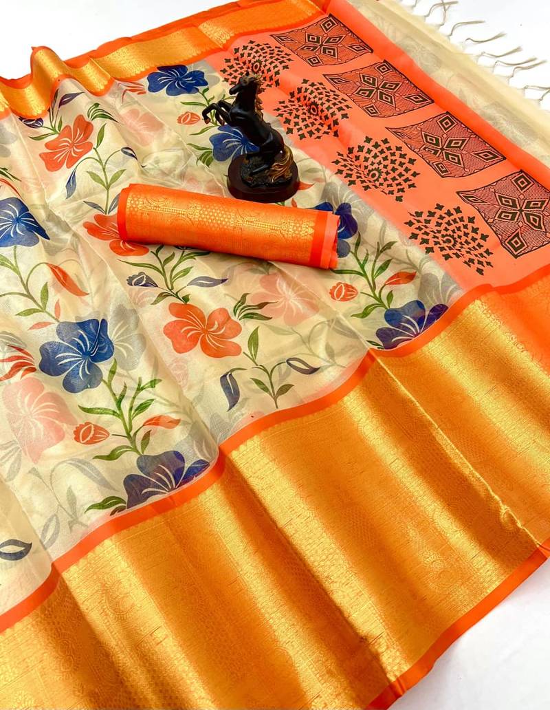 Cream organza tissue saree with floral print & zari border