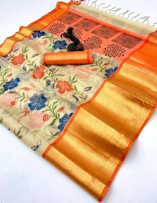 Cream organza tissue saree with floral print & zari border 2