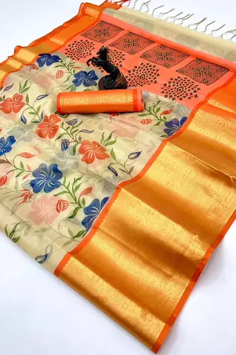 Cream organza tissue saree with floral print & zari border