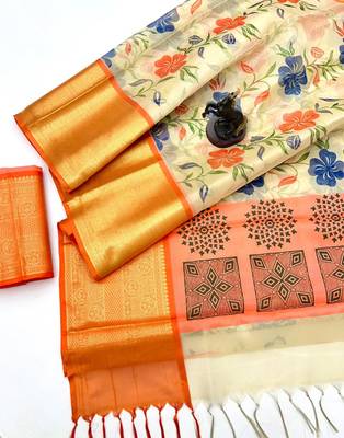 Cream organza tissue saree with floral print & zari border 3