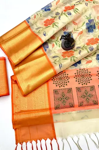 Cream organza tissue saree with floral print & zari border