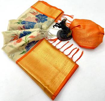 Cream organza tissue saree with floral print & zari border 4