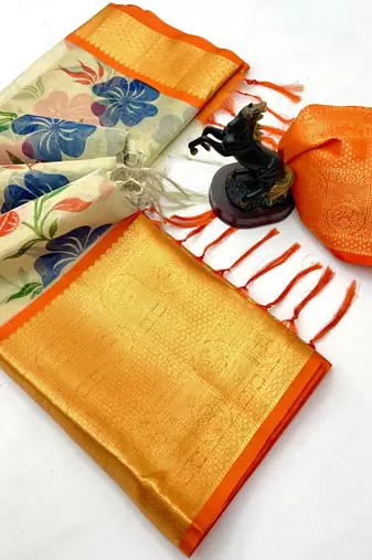 Cream organza tissue saree with floral print & zari border