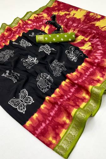 Black semi viscose silk saree with peacock zari & bagru print
