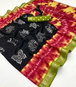 Black semi viscose silk saree with peacock zari & bagru print