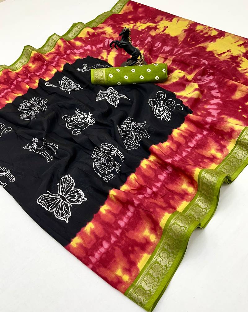 Black semi viscose silk saree with peacock zari & bagru print