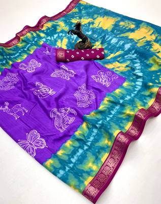 Light lavender semi viscose silk saree with peacock zari & bagru print 1