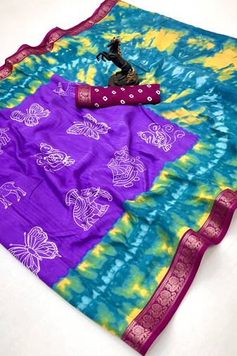 Light lavender semi viscose silk saree with peacock zari & bagru print