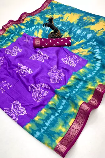 Light lavender semi viscose silk saree with peacock zari & bagru print