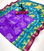 Light lavender semi viscose silk saree with peacock zari & bagru print