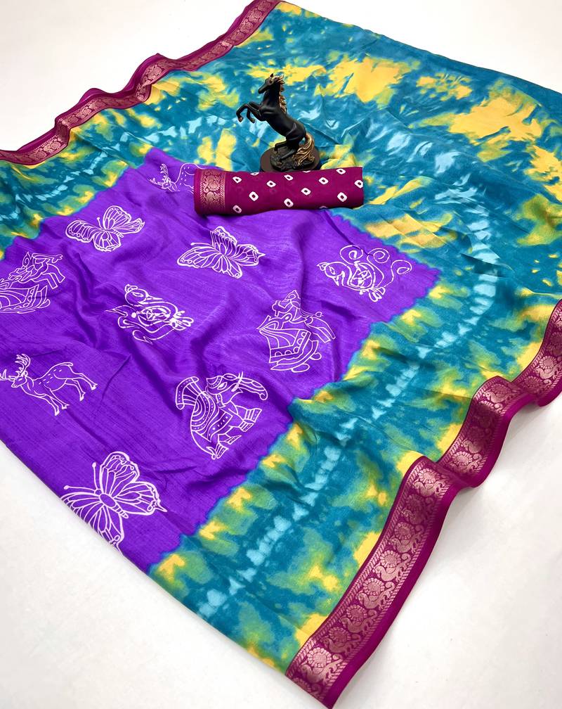 Light lavender semi viscose silk saree with peacock zari & bagru print
