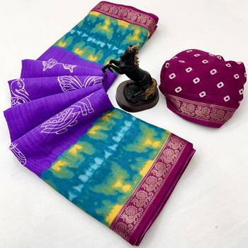 Light lavender semi viscose silk saree with peacock zari & bagru print 2