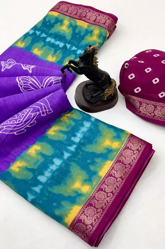 Light lavender semi viscose silk saree with peacock zari & bagru print