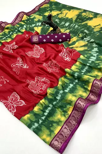 Red semi viscose silk saree with peacock zari & bagru print