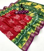 Red semi viscose silk saree with peacock zari & bagru print