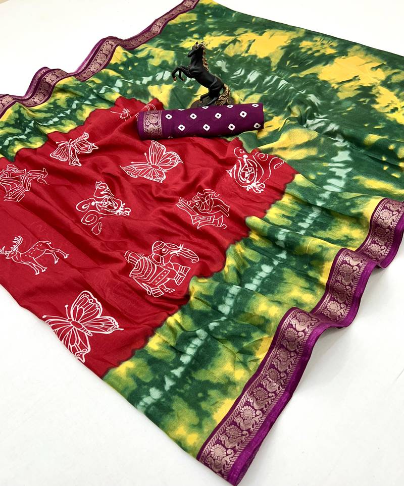 Red semi viscose silk saree with peacock zari & bagru print