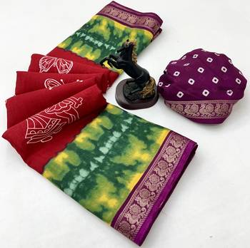 Red semi viscose silk saree with peacock zari & bagru print 2