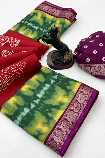 Red semi viscose silk saree with peacock zari & bagru print