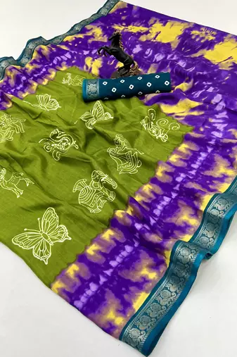 Parrot green semi viscose silk saree with peacock zari & bagru print