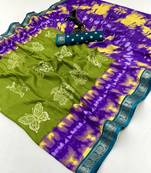 Parrot green semi viscose silk saree with peacock zari & bagru print