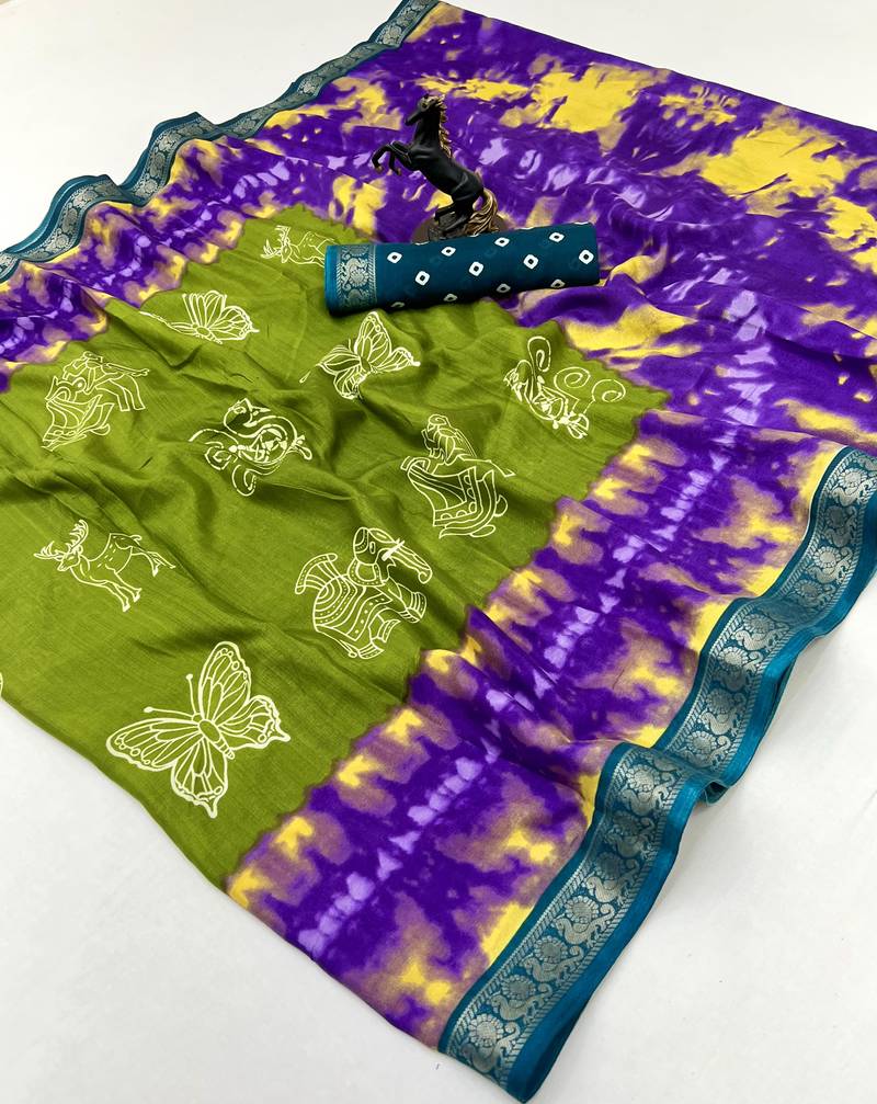 Parrot green semi viscose silk saree with peacock zari & bagru print