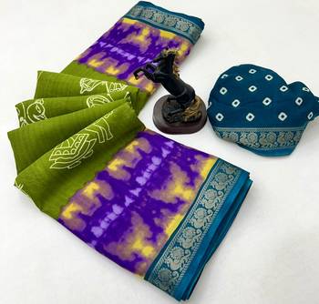 Parrot green semi viscose silk saree with peacock zari & bagru print 2