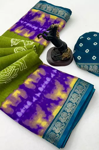 Parrot green semi viscose silk saree with peacock zari & bagru print