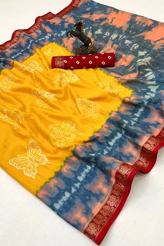 Yellow semi viscose silk saree with peacock zari & bagru print